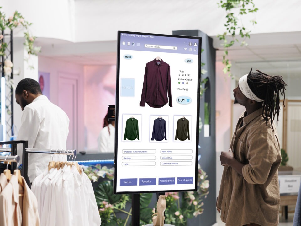 A man viewing cloud based digital signage displays inside a modern shopping store