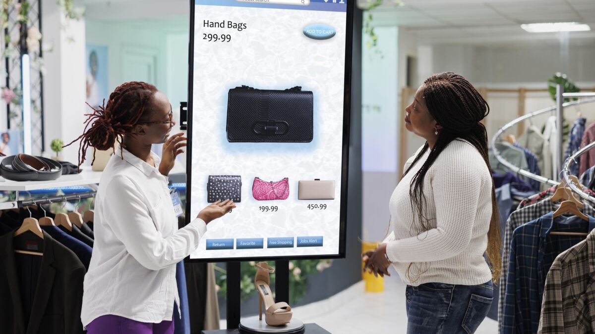 Two women chatting about a product displayed on a digital signage display screen inside a shopping store