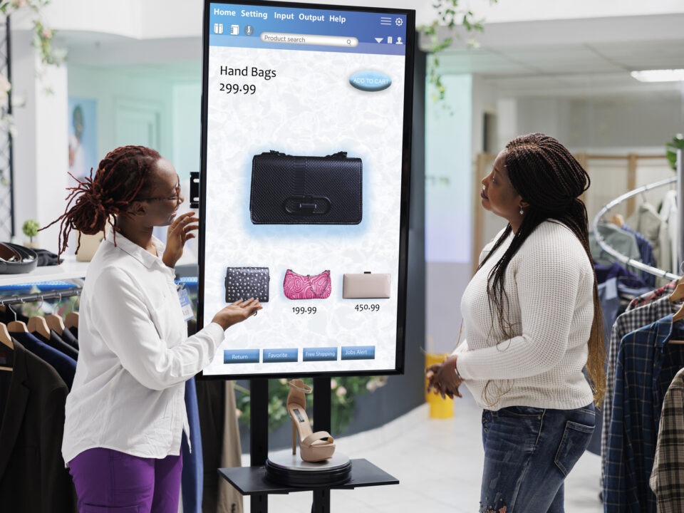 Two women chatting about a product displayed on a digital signage display screen inside a shopping store